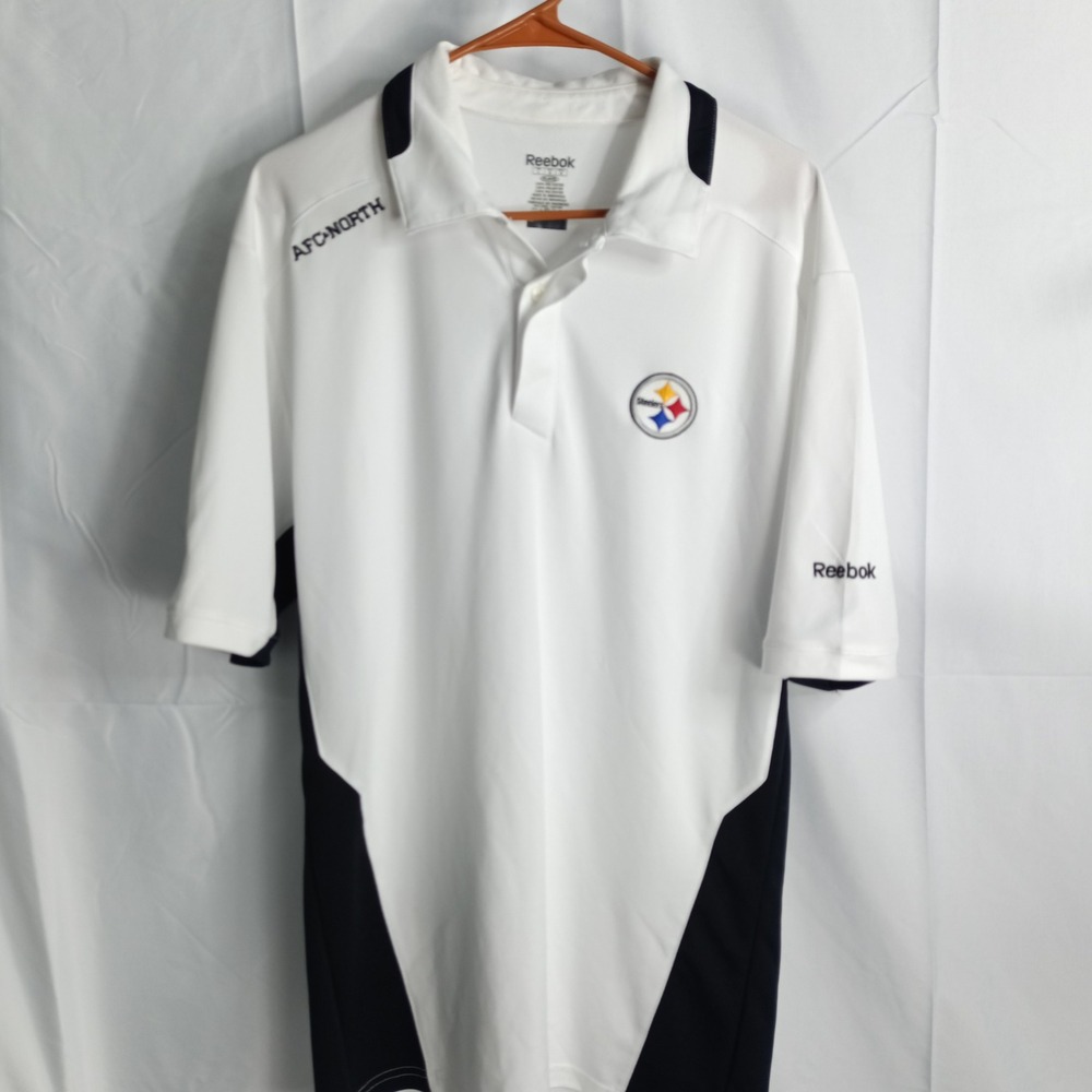 Reebok Pittsburgh Steelers NFL Polo Shirt Mens Large White Black Play Dry AFC